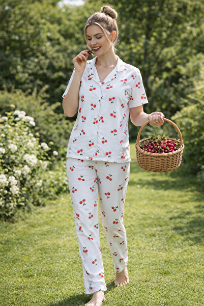 rindahomewear Γυναικείο σετ πιτζάμες MİLAN με κουμπιά και σχέδιο κεράσι