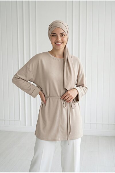 MİHRA STORE Τουνίκ Şafak Fitilli με ραφές στο μπροστινό μέρος-MF1834 Πέτρινο