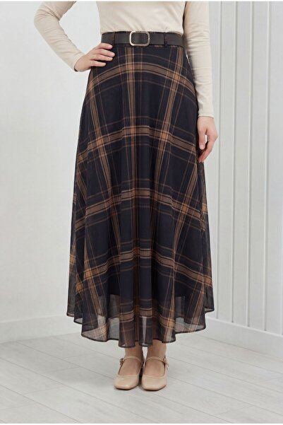 MİHRA STORE Φούστα σιφόν με φόδρα και σχέδια Birsu-EY5363 Μαύρο