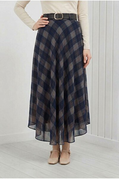 MİHRA STORE Φούστα σιφόν με φόδρα και σχέδια Birsu-EY5363 Indigo