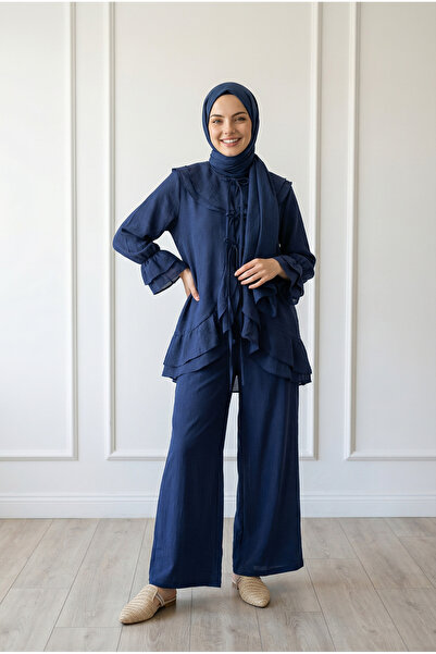 MİHRA STORE Σετ παντελονιού Rezzan με γιακά με βολάν και κορδόνια - ML2134 Να...