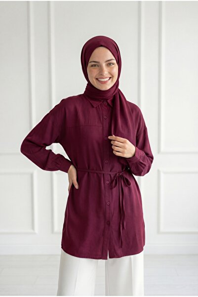 MİHRA STORE Πουκάμισο Yelilia με κορδόνια και ρόμπα Modal-PE223 Βουργουνδίας