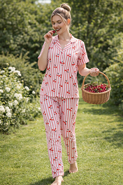 rindahomewear Γυναικείο σετ πιτζάμες MİLAN με κουμπιά και σχέδιο κερασιών