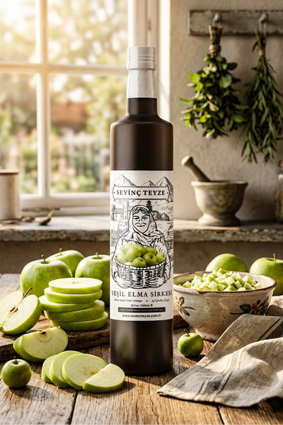 Organik Teyze Sevinç Teyze Yeşil Elma Sirkesi 500ml - Doğal Fermantasyon, Katkısız, Çiğ İçimlik, Green Apple Cider Vinegar