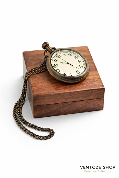 Ventoze Brass Chain Pocket Watch with Wooden Box - Nostalgic Antique Look Col...