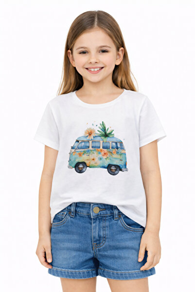 Alin Alp 2-6 Years Old Girl's Floral Minibus Printed White T-Shirt-5 Y