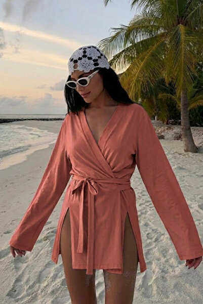 COMBİNE MİCHAİL Γυναικείο ροζ κιμονό με λαιμόκοψη V και ζώνη