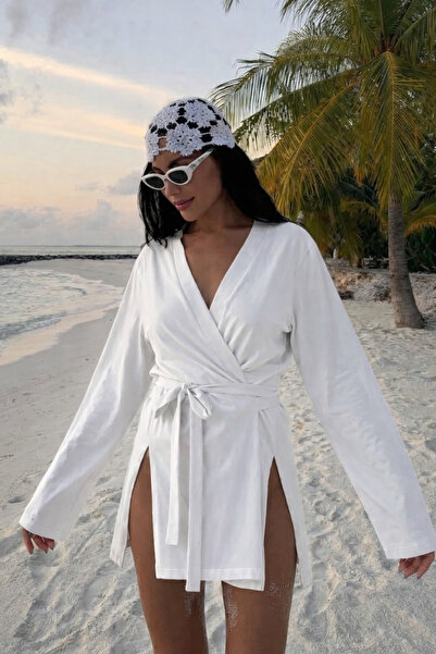 COMBİNE MİCHAİL Γυναικείο λευκό κιμονό με λαιμόκοψη V και ζώνη