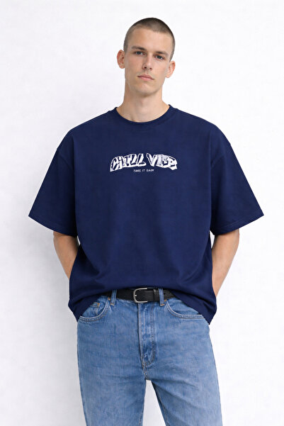 MATERIAL Ανδρικό μπλουζάκι CHILL VIBE με στάμπα κειμένου, oversized, σε ναυτι...