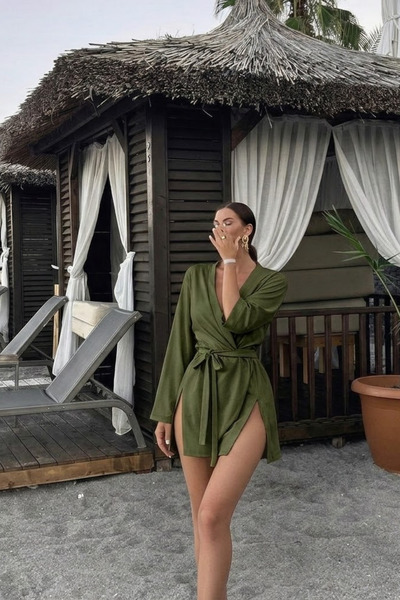 COMBİNE MİCHAİL Γυναικείο Μίνι Κιμονό Χακί σε ίσια γραμμή