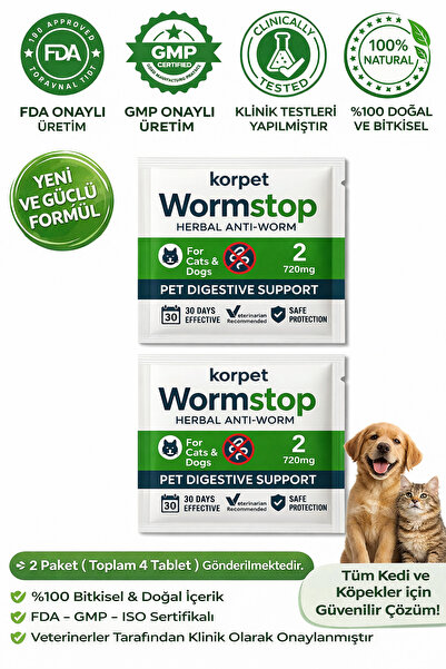 KorPet Bitkisel & Leziz Kedi Ve Köpek Parazit Tableti Worm Stop Herbal Anti-w...