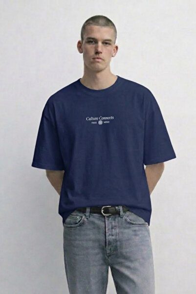 MATERIAL Ανδρικό μπλουζάκι Oversize Culture Connect με στάμπα σε μπλε ναυτικό...