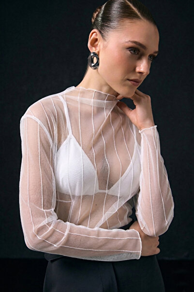 Sateen Ριγέ Διαφανές Μπλούζα - Εκρού