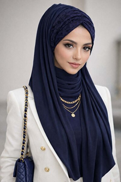Aişe tesettür Δαντελωτό σάλι σε μπλε ναυτικό χρώμα με κορδόνι περίσφιξης