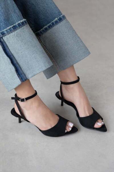 STRASWANS Γυναικεία σουέτ πέδιλα με τακούνι Noah, μαύρα