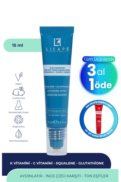 Licape Morluk ve İnce Çizgi Karşıtı, Aydınlatıcı Vitamin K + C Göz Altı Serum...