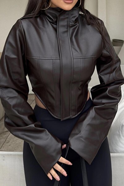 PRİFALDİ Νέα Σεζόν Γυναικείο Δερμάτινο Μπουφάν Biker ΚΑΦΕ