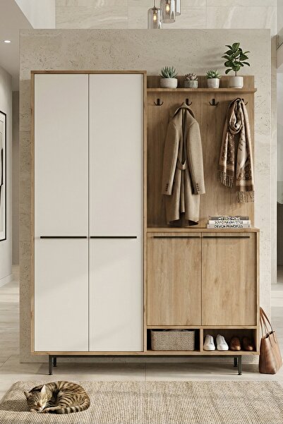 Yurudesign Oasis Portmanto Vestiyer Ayakkabılık Metal Ayaklı Sepet-Beyaz