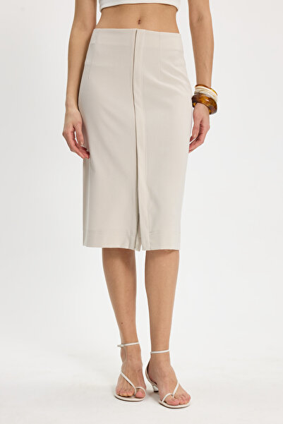 Tudors Γυναικεία Slim Fit Μίντι Μπεζ φούστα με λεπτομέρεια με φερμουάρ στο μπ...