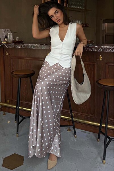 Madmext Μπεζ πουά μάξι γυναικεία σατέν φούστα MG2725