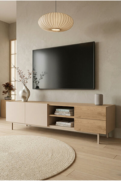 Robin Home Luka Tv Ünitesi Sehpası 2 Kapaklı 2 Çekmeceli Ahşap Ayaklı 180cm K...