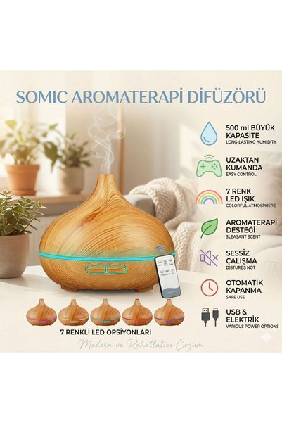 SOMIC Uzaktan Kumandalı Aroma Difüzörü Ultrasonik Hava Nemlendirici 7 Renk Led