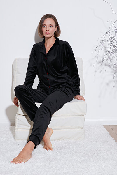 Lela Σετ Πιτζάμες Κανονικής Εφαρμογής με Μαλακή Υφή, Γυαλιστερό Βελούδο και Ρ...