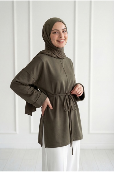 BENAHOLL Yakut Front Stitched Slit Tunic-Mf1834.1 Khaki