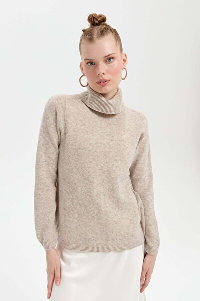 Desen Triko Κλασικό γυναικείο μάλλινο πουλόβερ V.Beige Full Turtleneck