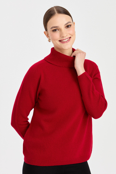 Desen Triko Γυναικείο Ολόσωμο Πουλόβερ Κλασικό Μάλλινο Πουλόβερ Μαύρο Κόκκινο