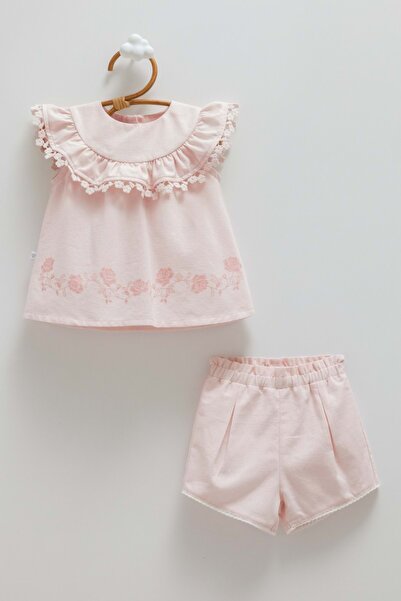 Caramell طقم MINI LADY FLOWER DETAIL K كتان ALT TOP وردي
