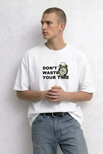 MATERIAL Ανδρικό φαρδύ μπλουζάκι με στάμπα  "Waste Your Time " σε εκρού χρώμα