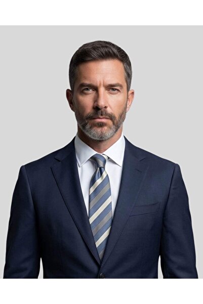 1001 Kravat 8 cm Wide Gray Navy Blue White Striped Tie