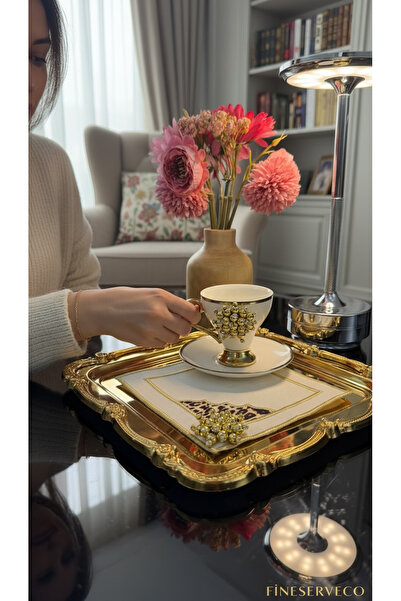 FİNESERVECO Lüks Gold Detaylı Türk Kahvesi Fincanı&Taş İşlemeli Sunum Peçetes...