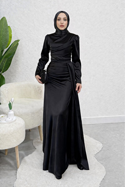 Tesettür Diyarı Σατέν Φόρεμα Τεσεττούρ με Σαμαρένια Ουρά - Μαύρο
