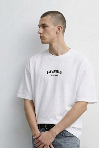 MATERIAL Мъжка ежедневна тениска екрю с щампа Лос Анджелис