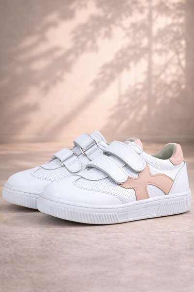 Rakerplus Pantofi sport pentru copii din piele naturală, alb, roz, cu velcro
