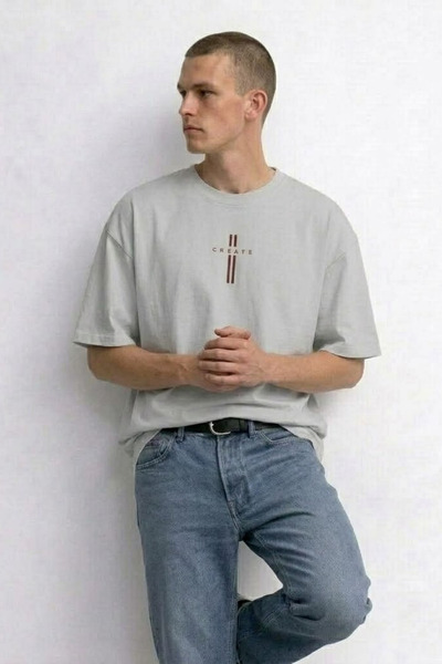 MATERIAL Ανδρικό μπλουζάκι Create με στάμπα κειμένου σε γκρι χρώμα, oversized