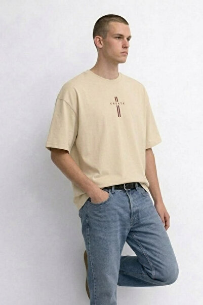 MATERIAL Ανδρικό μπλουζάκι Create με στάμπα κειμένου σε μπεζ χρώμα, oversized