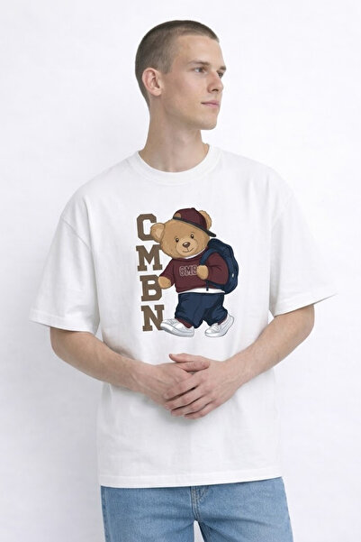 MATERIAL Erkek Bisiklet Yaka Ayıcık Baskılı Ekru Bol Tişört