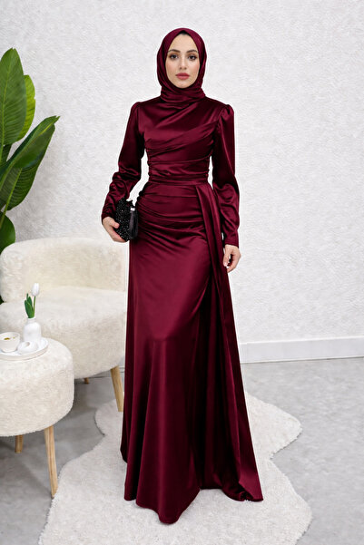 Tesettür Diyarı Σατέν Τεσεττούρ Φόρεμα με Τρένα - Βουργουνδίας