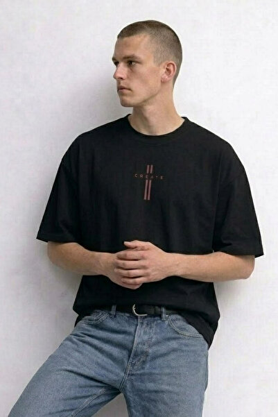 MATERIAL Ανδρικό μπλουζάκι Create με στάμπα κειμένου, μαύρο, oversized