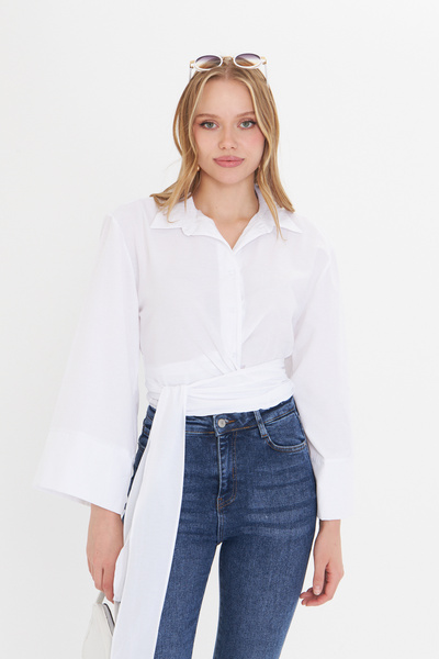 THIFF GYMWEAR Γυναικείο πουκάμισο ποπλίνα με λευκή φαρδιά μανίκια με λεπτομέρ...