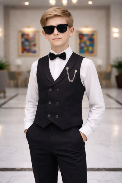 WENA KİDS Σετ αγοριού μαύρο σμόκιν γιλέκο και πουκάμισο με παπιγιόν