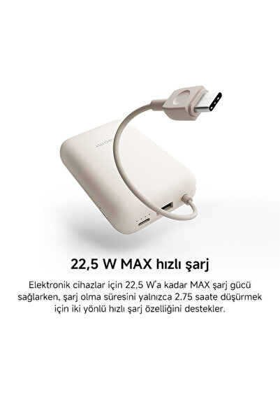 Xiaomi Power Bank 10000mAh Krem Entegre Kablo USB ve USB-C Portu 22.5W BHR9072GL