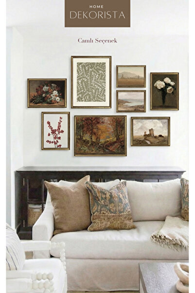 HOME DEKORİSTA Çerçeveli CAMLI Vintage 8’li Tablo Seti , Vintage Tablo, Manza...