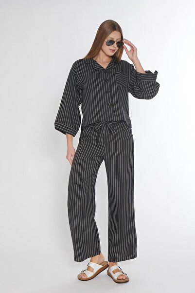 FLZ Boydan Buttoned Linen Woven Black Striped Neck Paddy Set 88-117