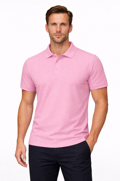 KaeLaurean Tricou polo pentru bărbați, roz, din bumbac – croială clasică, tex...