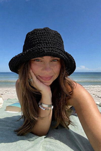 keisy Χειροποίητο πλεκτό ψάθινο καπέλο bucket σε μαύρο χρώμα υψηλής ποιότητας