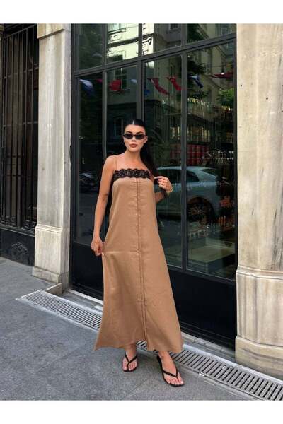 Friday Mood Γυναικείο φόρεμα με λουράκι με λεπτομέρεια καφέ δαντέλα